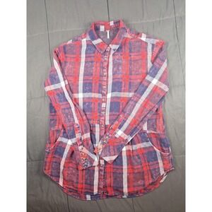 Free People Womens Medium Easy Street Tunic Shirt Plaid Long Sleeve Button Front